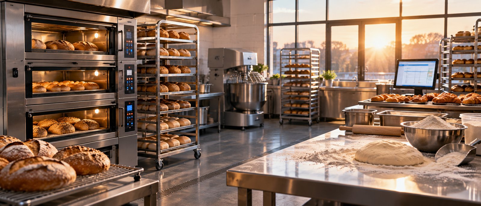 Wide cinematic photograph of an empty modern bakery kitchen at dawn with deck ovens, stainless racks of fresh bread and a flour-dusted work