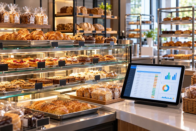 A neatly stocked bakery display with labelled trays, very few leftovers, and a tablet on the counter showing an outlet stock dashboard