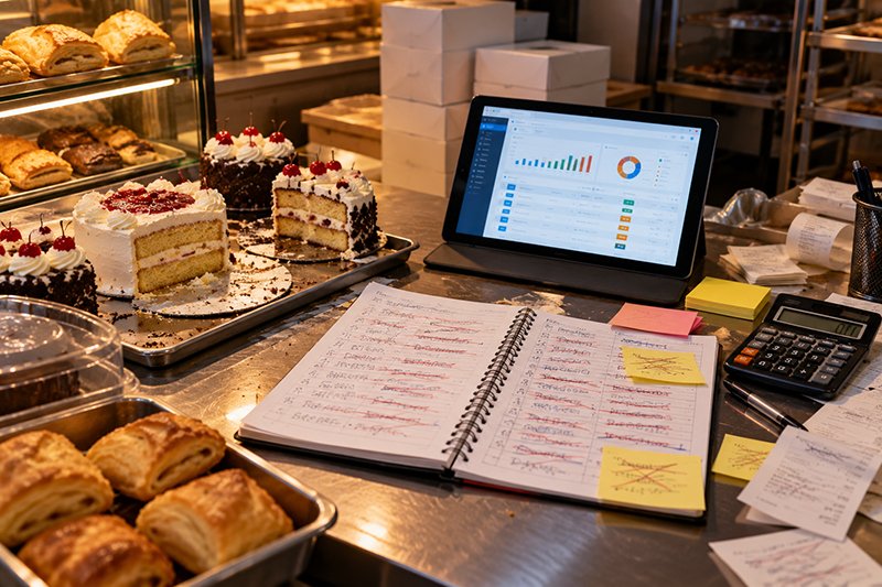 A bakery counter at closing time: unsold cream cakes, a paper order book full of crossed-out phone orders, sticky notes, and a calculator