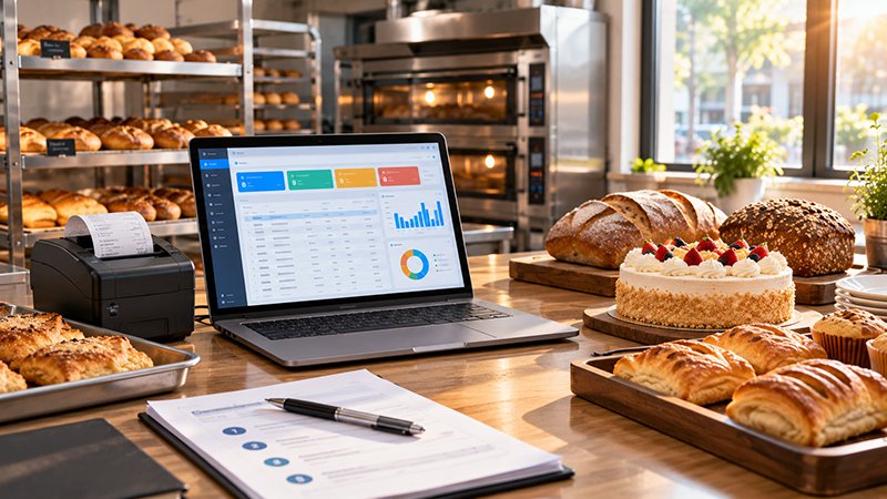 A software demo set up on a meeting table: a laptop showing a bakery ERP dashboard, a printed demo agenda and a pen, with fresh bread
