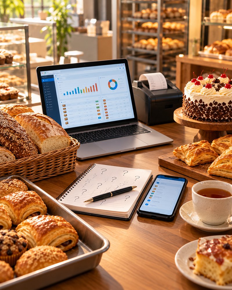 A desk with a notepad covered in handwritten question marks, a smartphone, a cup of tea and fresh bread loaves, puffs and a cream cake on a