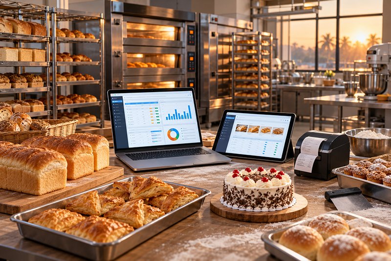 A laptop and a tablet showing realistic bakery ERP software screens with tables and charts, placed among fresh bread loaves, puffs and a