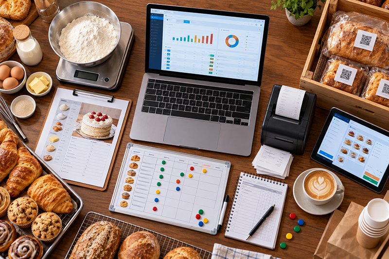 Overhead flat lay that represents the main bakery ERP features: a recipe card, a weighing scale with flour, a production planning board