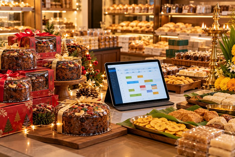 Festive Kerala bakery display with rows of Christmas plum cakes in gift boxes, Onam sweets and warm fairy lights, a tablet on the counter