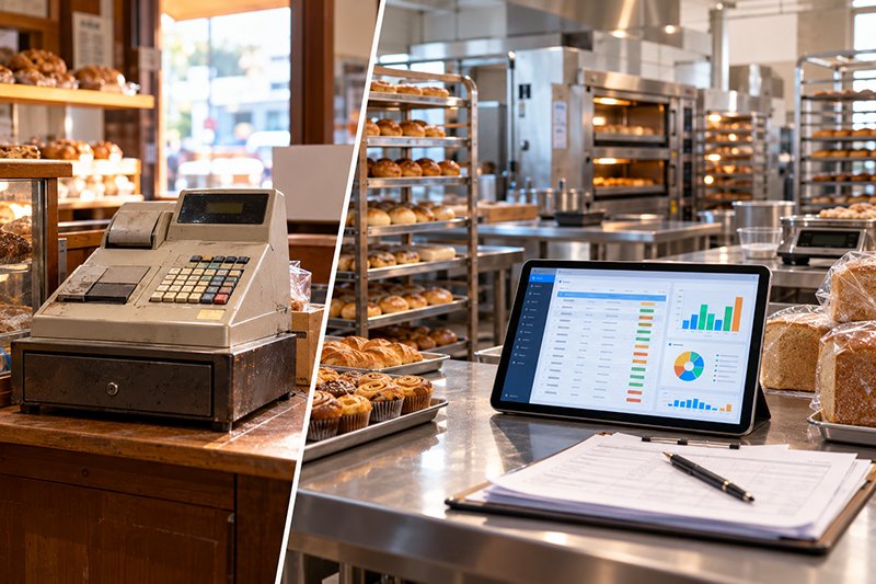 Split composition: on the left a single old cash register on a small bakery counter; on the right a busy central bakery kitchen with a