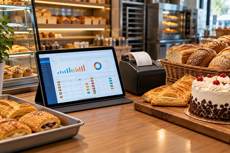 Close-up of a tablet on a desk showing a realistic bakery ERP screen with tables and charts, with fresh bread loaves, puffs and a cream