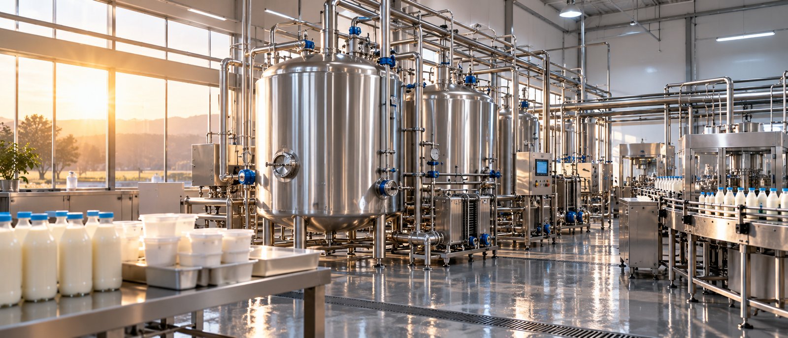 Wide cinematic photograph of an empty private dairy processing hall with gleaming stainless steel tanks, pipes and valves, calm, early