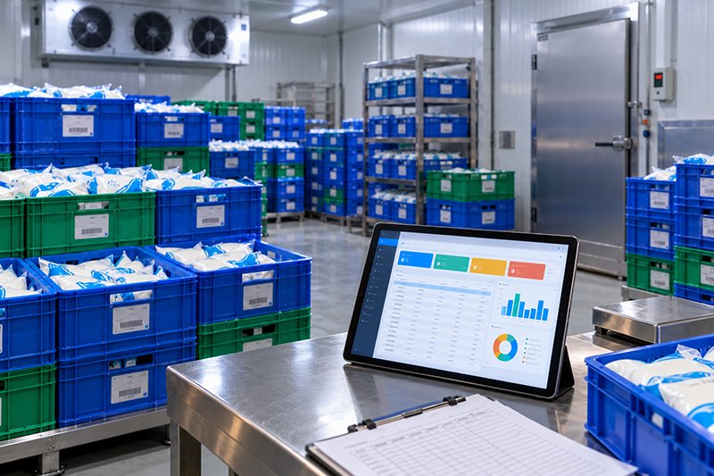 Rows of neatly crated milk packets in a cold room, each crate tagged, a tablet showing a clean collection and payments dashboard