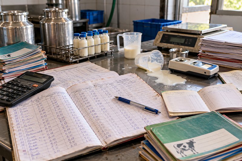 A collection centre table with a handwritten register full of Fat and SNF numbers, a calculator, a stack of farmer passbooks and a spilled