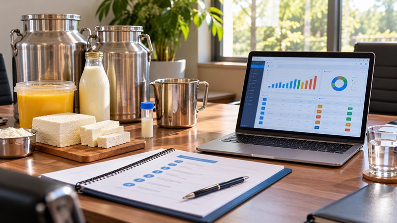 A software demo set up on a meeting table: a laptop showing a dairy ERP dashboard, a printed demo agenda and a pen, with stainless steel