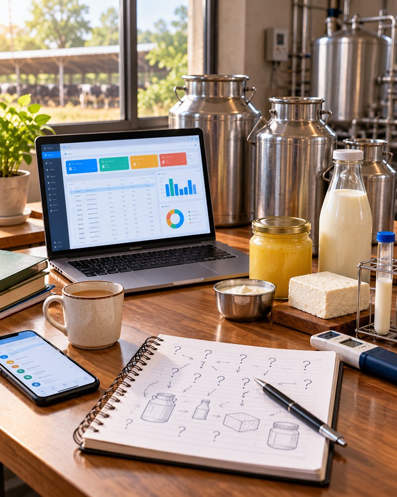 A desk with a notepad covered in handwritten question marks, a smartphone, a cup of tea and stainless steel milk cans, a glass bottle of