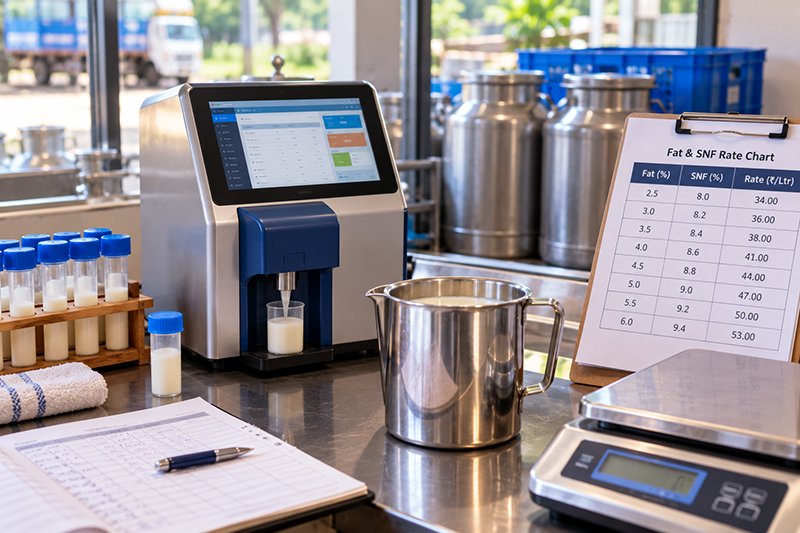 Close-up of a milk analyser on a collection centre counter with a milk sample, a steel measuring jug and a printed Fat and SNF rate chart