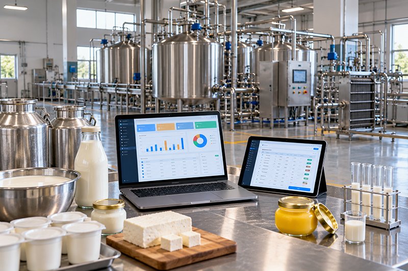 A laptop and a tablet showing realistic dairy ERP software screens with tables and charts, placed among stainless steel milk cans, a glass