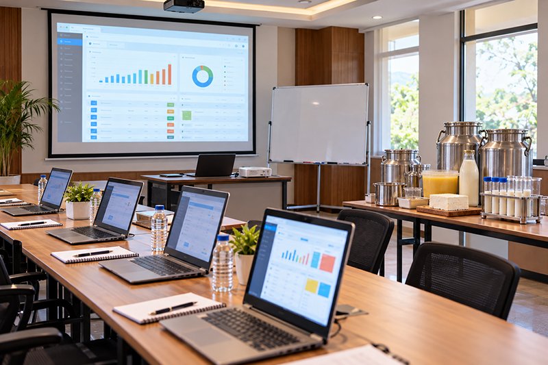 An empty training room prepared for a dairy ERP rollout: a projector screen showing a software screen, laptops open on a long table,