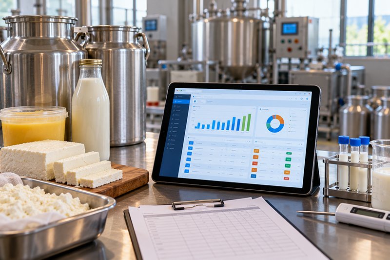 Close-up of a tablet on a desk showing a realistic dairy ERP screen with tables and charts, with stainless steel milk cans, a glass bottle