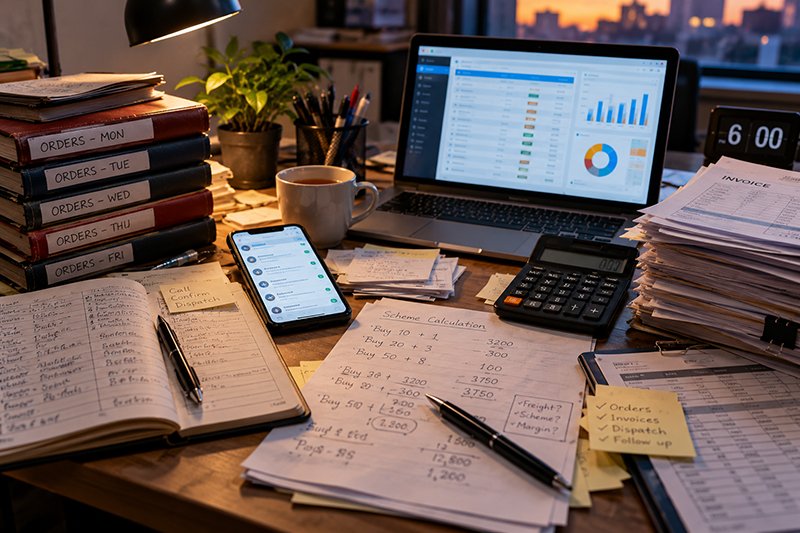 Order diaries, scheme calculations and order messages piled on a distributor's desk