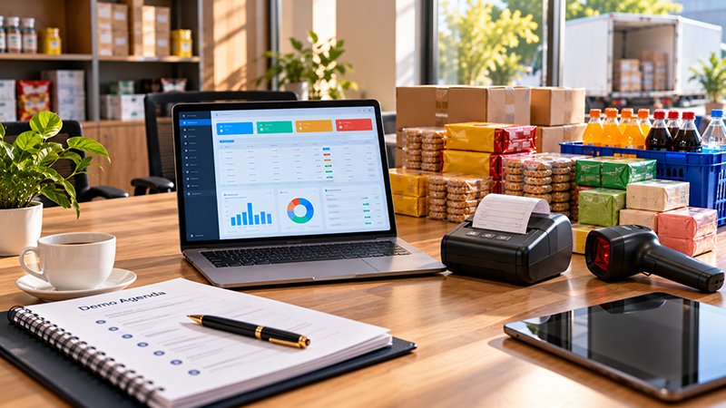 FMCG distribution ERP software demo set up on a meeting table