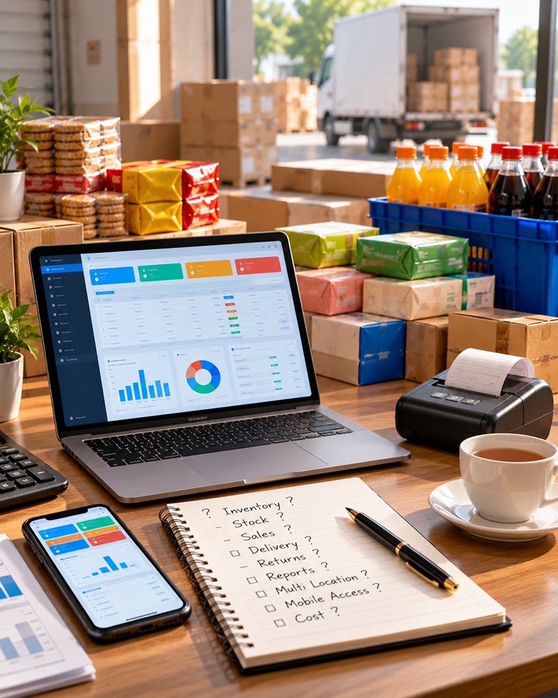 Questions about FMCG distribution ERP software: notepad, phone and tea on a desk