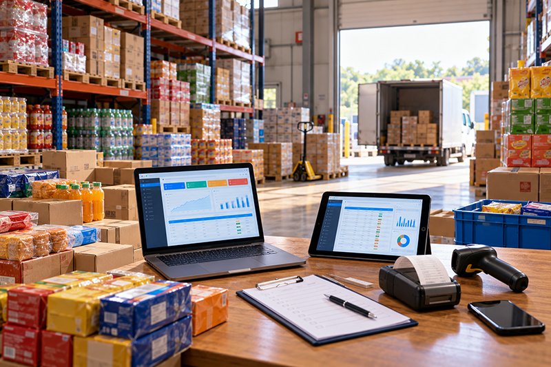 FMCG distribution ERP software on a laptop and tablet among cartons of biscuits, soap and beverages