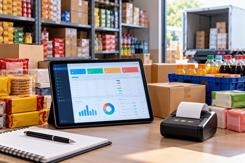 FMCG distribution ERP software screen on a tablet beside cartons of biscuits, soap and drinks