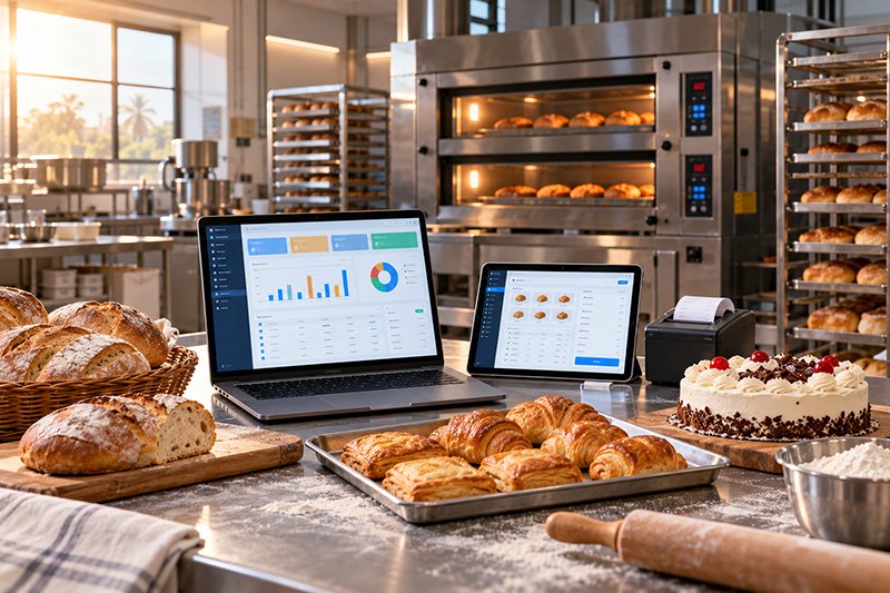 Food ERP software on a laptop and tablet among chilli powder, turmeric and packed snacks