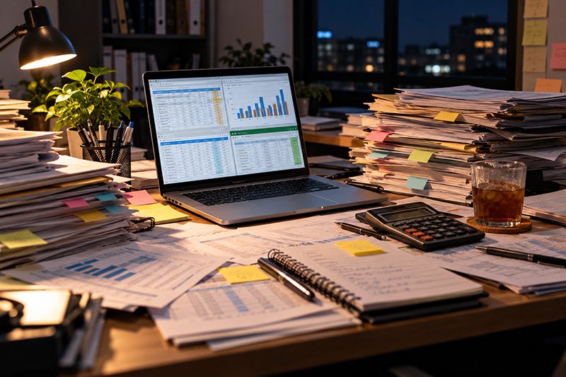 Paper files and spreadsheets on an office desk: the manual work ERP software replaces