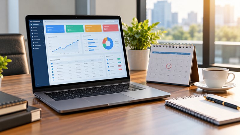 ERP software demo set up on a meeting table