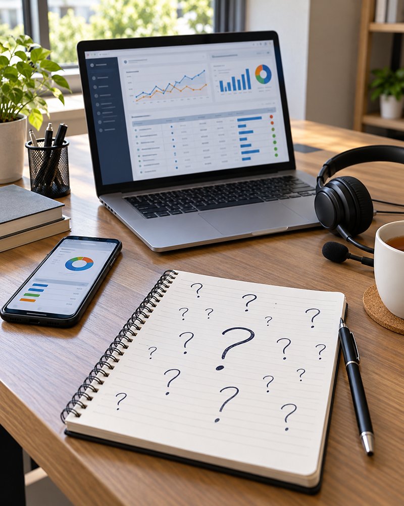 Questions about ERP software: notepad, phone and headset on a desk