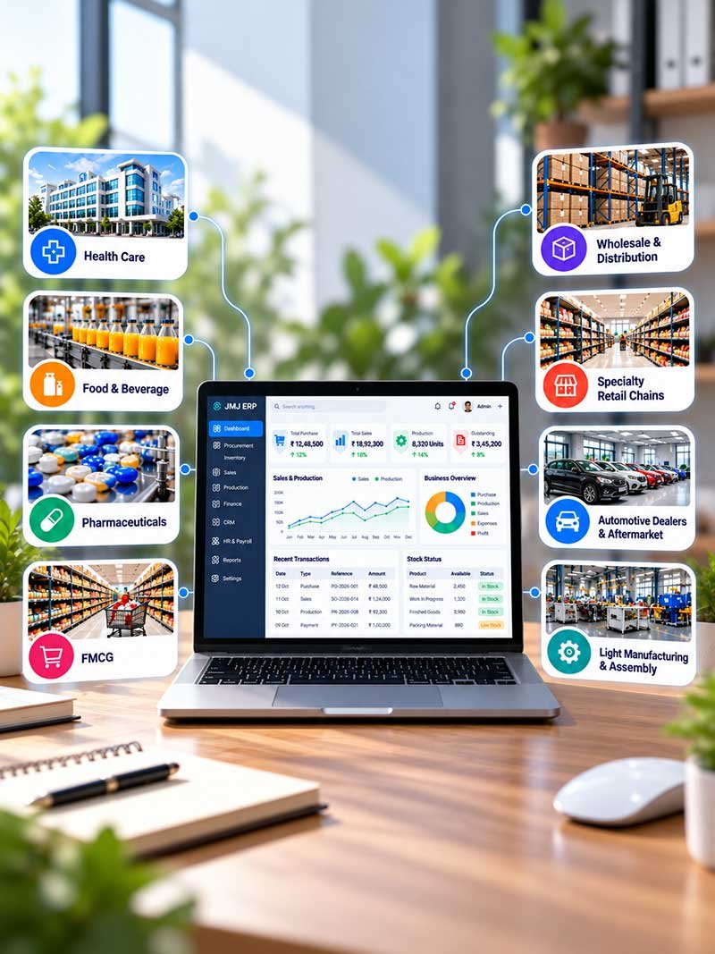 JMJ ERP software dashboard linked to health care, food, pharma, FMCG, distribution, retail, automotive and manufacturing