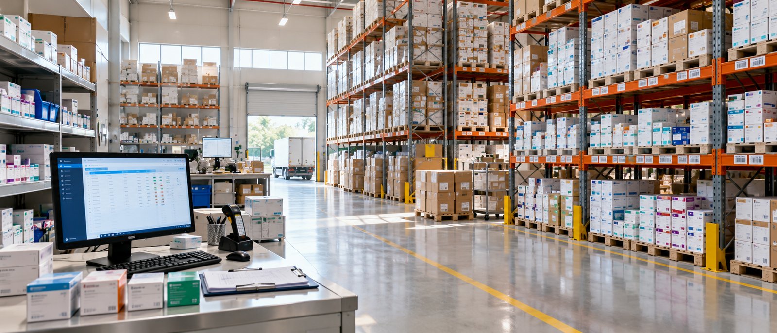Pharmaceutical distribution warehouse with racks of medicine cartons, using pharma ERP software