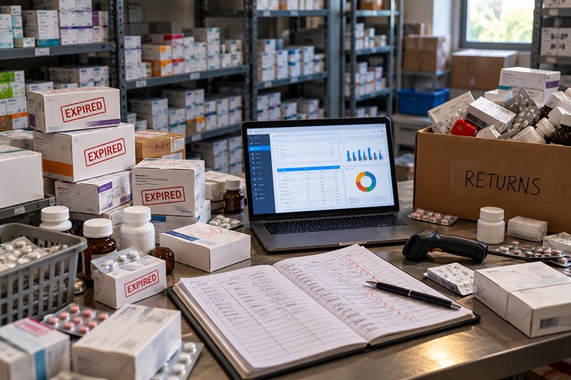 Handwritten expiry register and expired medicine cartons in a pharma stock room