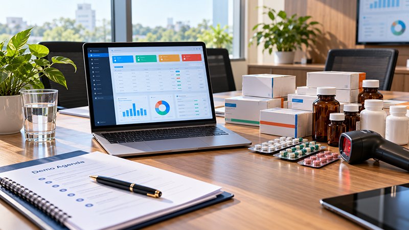 Pharma ERP software demo set up on a meeting table
