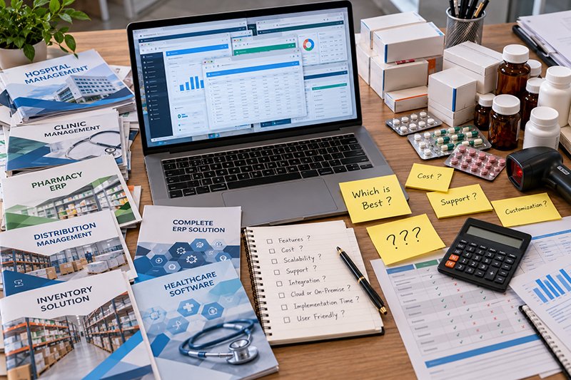 Comparing pharma ERP software vendors: brochures and question notes on a desk