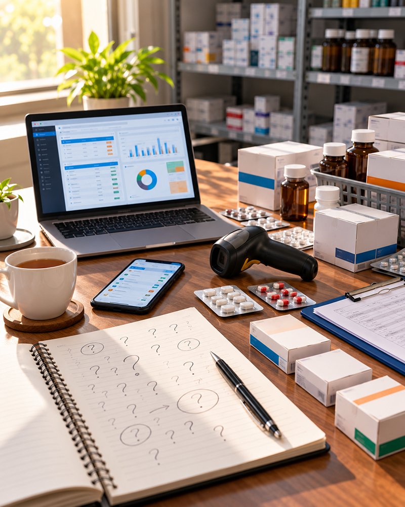 Questions about pharma ERP software: notepad, phone and tea on a desk
