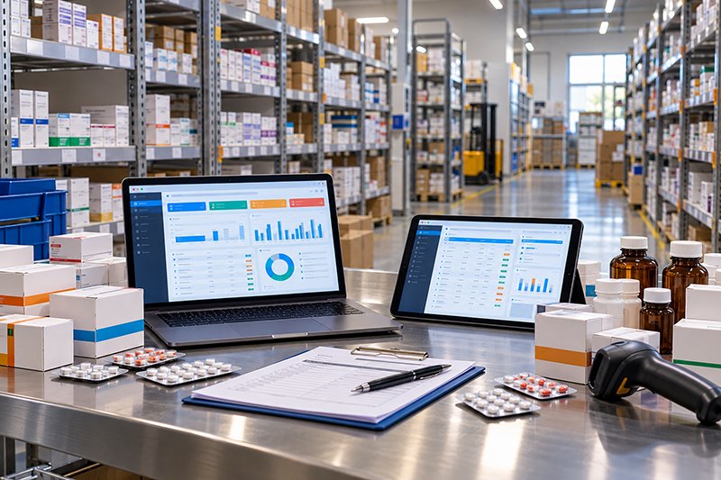Pharma ERP software on a laptop and tablet among medicine cartons, blister strips and a barcode scanner