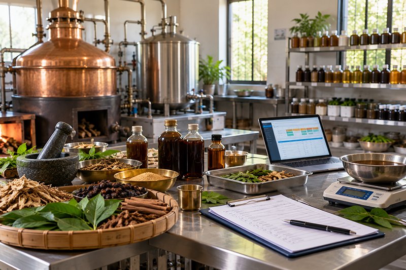 Ayurvedic medicine preparation room with copper vessels and a quality control checklist