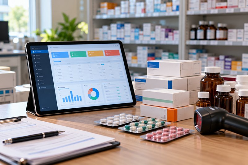 Pharma ERP software screen on a tablet beside medicine cartons and blister strips